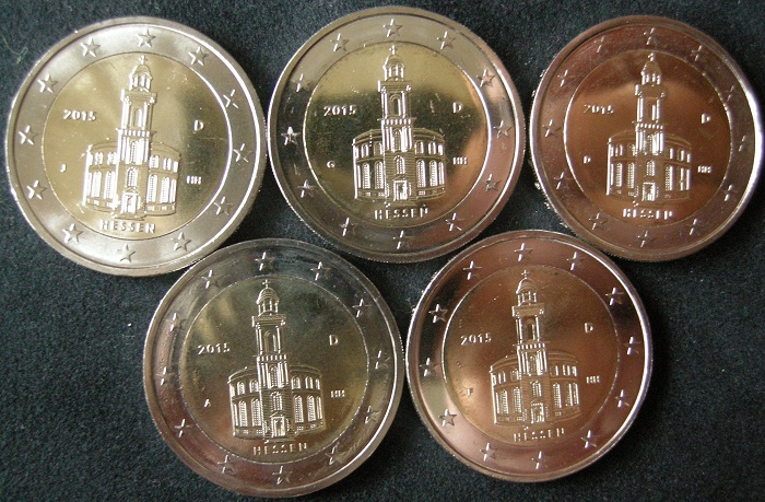 (afbeelding voor) 2 Euromunt Duitsland 5x 2015 Hessen Pauluskerk UNC A-D-F-G-J